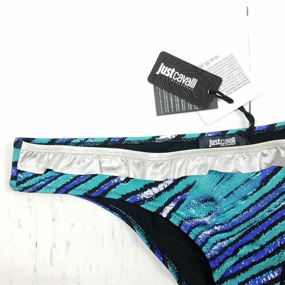 New Just Cavalli Women XS Bikini Two Piece Swimsuit Blue Silver Striped Push-Up - Picture 6 of 15